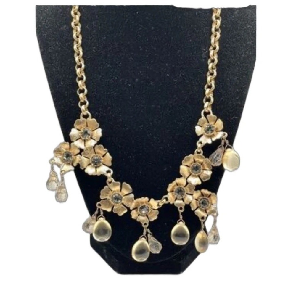 J.Crew Statement Necklace Gold Tone Flower Crystal Teardrop Discontinued